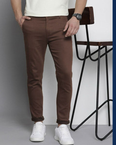 fubar men slim fit brown cotton blend trousers