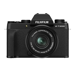 fujifilm x-t200 242 mp mirrorless camera with xc 15-45 mm lens aps-c sensor electronic viewfinder vari-angle lcd touchscreen faceeye af 4k video vlogging film simulations - black