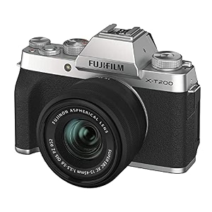 fujifilm x-t200 242 mp mirrorless camera with xc 15-45 mm lens aps-c sensor electronic viewfinder 889 cm 3534 vari-angle touchscreen faceeye af 4k video vlogging film simulations - silver