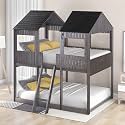 Full Over Full Bunk Bed Frames with House Roof, Window and Safety Guardrails for Teens, Boys or Girls, Antique Gray