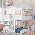 Full Over Full Bunk Bed Frames with House Roof, Window and Safety Guardrails for Teens, Boys or Girls, White