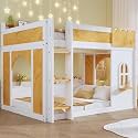 Full Over Full Bunk Bed with Storage Shelves, Playhouse Design, Twin Doors &amp; Window – Space-Saving Wooden Loft Bed for Kids &amp; Teens