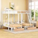 Full Over Twin &amp; Twin Bunk Bed, Heavy Duty Metal Triple Bunk Bed with Drawers and Guardrails, Can be Divided into 3 Separate Beds, Triple Bunk Bed Frame for Kids Teens Aldults (White + Metal)