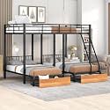 Full Over Twin &amp; Twin Bunk Bed, Heavy Duty Metal Triple Bunk Bed with Drawers and Guardrails, Can be Divided into 3 Separate Beds, Triple Bunk Bed Frame for Kids Teens Aldults (Black + Metal)