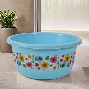 fun homes 40 liters multipurpose bath tub for bathroom  suitable for indoor and outdoor use  durable amp lightweight tub for washing clothes amp utensils  flower print - blue