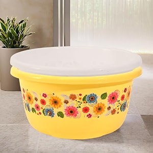 fun homes pack of 2 multipurpose bath tub for bathroom  40 liters suitable for indoor and outdoor use  durable tub for washing clothes amp utensils  flower print -white amp yellow