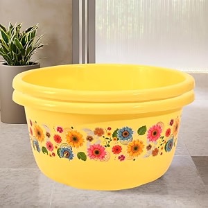 fun homes pack of 2 multipurpose bath tub for bathroom  40 ltr suitable for indoor and outdoor use  durable amp lightweight tub for washing clothes amp utensils  flower print -yellow