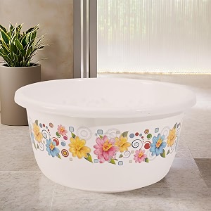fun homes 40 liters multipurpose bath tub for bathroom  suitable for indoor and outdoor use  durable amp lightweight tub for washing clothes amp utensils  flower print - white
