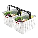 Fun Homes Pack of 2 Plastic Medium Storage Baskets with Foldable Handles | Storage Containers for Fruits &amp; Vegetables | Storage Baskets for Kitchen, Books &amp; Stationery Items | White