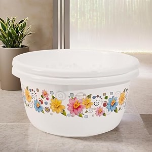 fun homes 40 liters multipurpose bath tub for bathroom  suitable for indoor and outdoor use  durable amp lightweight tub for washing clothes amp utensils  flower print - white