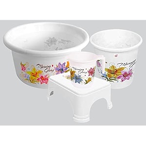 fun homes 40 liters multipurpose bath tub for bathroom  suitable for indoor and outdoor use  durable amp lightweight tub for washing clothes amp utensils  flower print - white