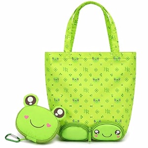 funblast foldable shopping bag  cartoon design carry bag with zipper pouch foldable tote bag for girls amp women multipurpose reusable pouch bags lightweight travel handbag with handle strap frog