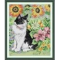Funcrostitch Counted Cross Stitch Kits for Beginners,14ct Unprinted Pattern Embroidery Kit Dmc Cotton Threads Needleworks for Adults-Cat in Flower 11.8"×13.8"