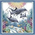 Funcrostitch Counted Cross Stitch Kits for Beginners,14ct Unprinted Pattern Embroidery Kit Dmc Cotton Threads Needleworks for Adults-Dolphin 14.2"×14.2"