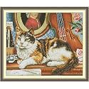 Funcrostitch Counted Cross Stitch Kits for Beginners,14ct Unprinted Pattern Embroidery Kit Dmc Cotton Threads Needleworks for Adults-Cat and Guitar 14.2"×12.2"