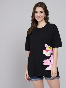 funday fashion women graphic print round neck cotton blend black t-shirt