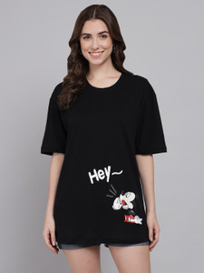 funday fashion women graphic print round neck cotton blend black t-shirt