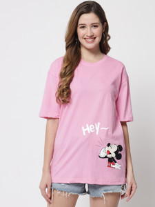 funday fashion graphic print women round neck pink t-shirt