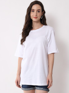 funday fashion women solid round neck cotton blend white t-shirt