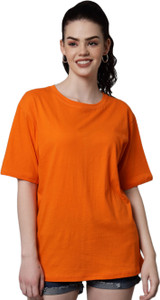 funday fashion women solid round neck cotton blend orange t-shirt