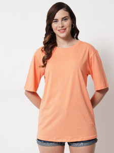 funday fashion women solid round neck cotton blend orange t-shirt
