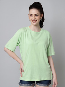 funday fashion women solid round neck cotton blend green t-shirt