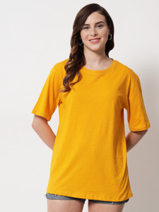 funday fashion solid women round neck yellow t-shirt