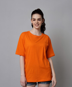 funday fashion women solid round neck cotton blend orange t-shirt