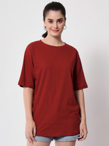 funday fashion women solid round neck cotton blend grey t-shirt