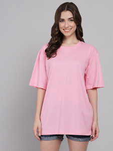 funday fashion solid women round neck pink t-shirt