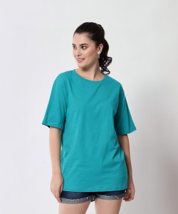 funday fashion women solid round neck cotton blend blue t-shirt