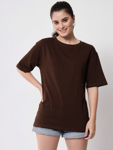 funday fashion women solid round neck cotton blend brown t-shirt