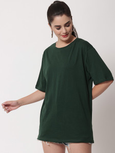 funday fashion women solid round neck cotton blend dark green t-shirt