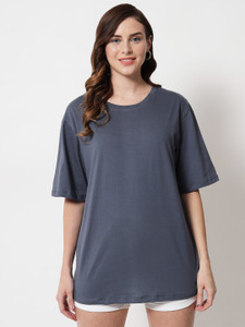 funday fashion solid women round neck grey t-shirt