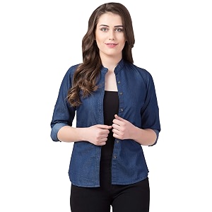 FUNDAY FASHION Womens Denim Blend Casual Mandarin