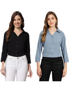 funday fashion women solid casual black light blue shirt