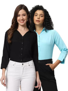 funday fashion women solid casual black light blue shirt