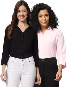 funday fashion women regular fit solid spread collar casual shirt pack of 2