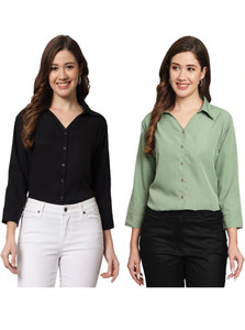 funday fashion women solid casual black green shirt