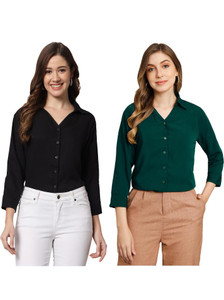 funday fashion women solid casual black dark green shirt
