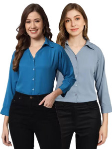 funday fashion women solid casual dark blue grey shirt