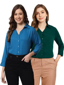 funday fashion women solid casual dark green blue shirt