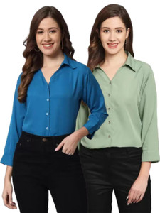 funday fashion women solid casual blue light green shirt