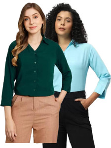 funday fashion women solid casual dark green light blue shirt