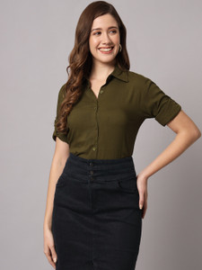 funday fashion women solid casual dark green shirt