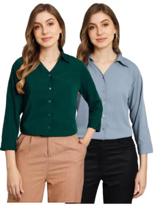 funday fashion women solid casual dark green light blue shirt
