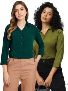 funday fashion women solid casual dark green green shirt
