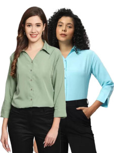 funday fashion women solid casual light blue light green shirt