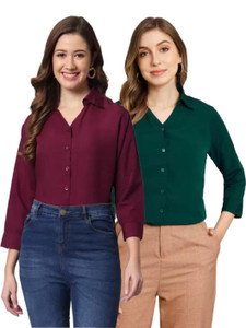 funday fashion women solid casual dark green maroon shirt