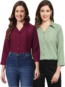 funday fashion women solid casual light green maroon shirt